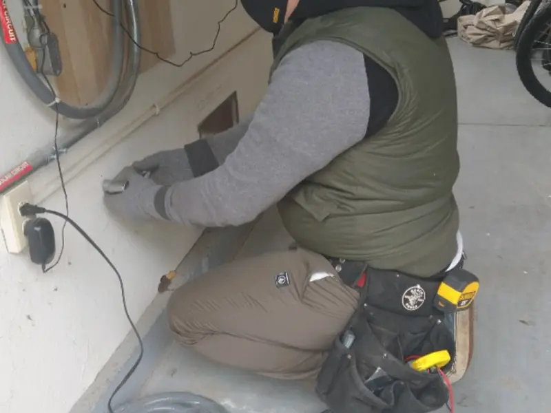 Electrician performing outlet wiring in a Pickens garage